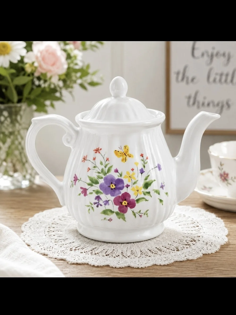 vintage teapot, floral teapot, ceramic teapot, butterfly, cottagecore, farmhouse